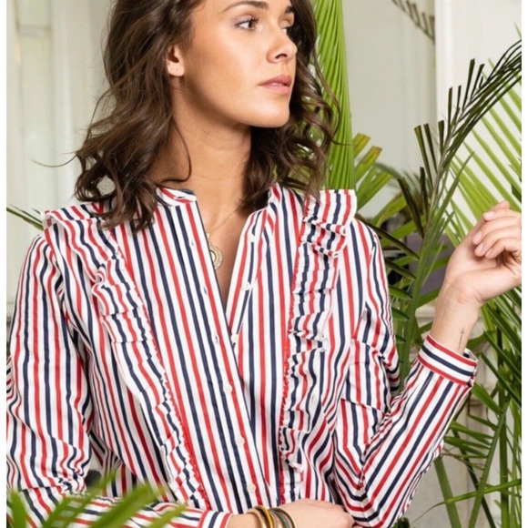 ‼️1 day sale‼️
 The Shirt Rochelle Behrens Shirt‎ Ruffle Striped Blouse Red Blue - Picture 1 of 8